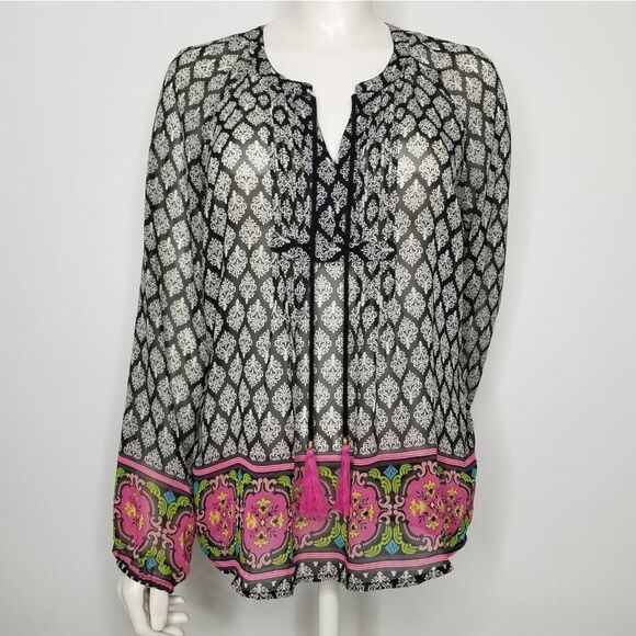 Daniel Rainn Chiffon Sheer Peasant Top With Tassels Women's Size Small - Picture 13 of 13